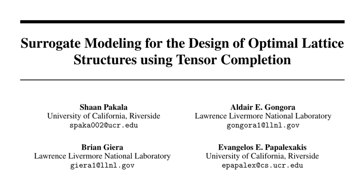 Surrogate Modeling for the Design of Optimal Lattice Structures using Tensor Completion