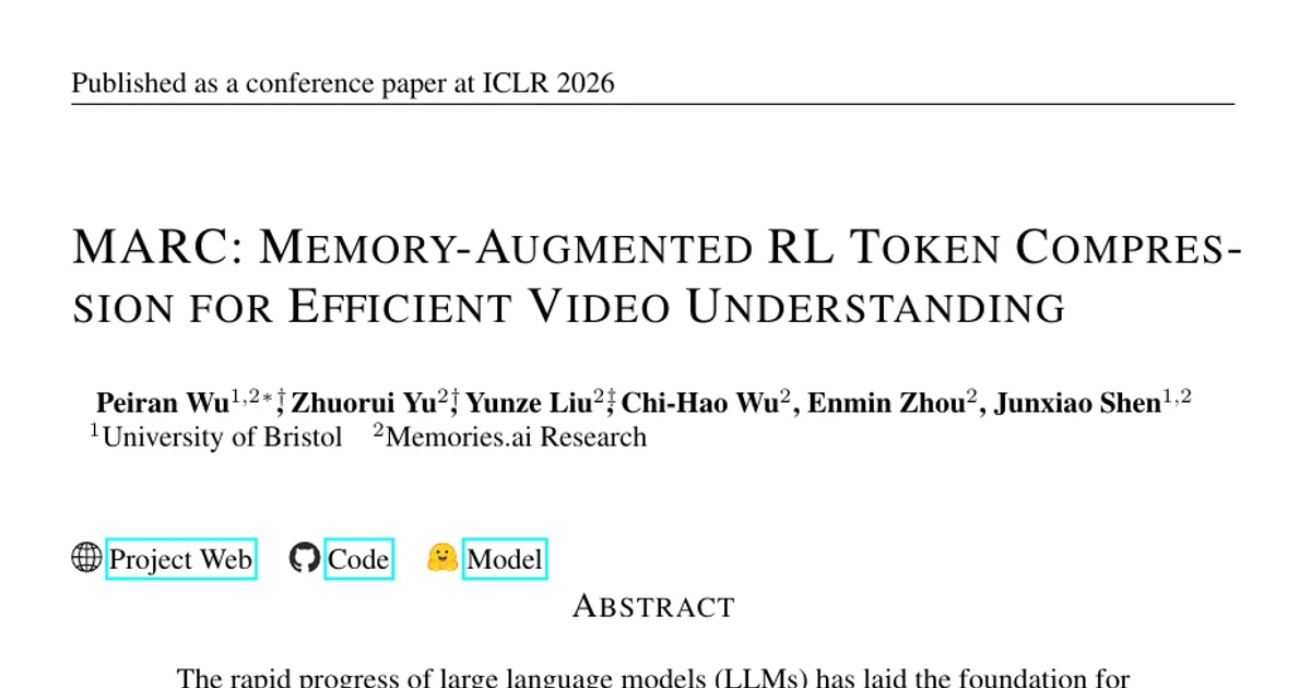MARC: Memory-Augmented RL Token Compression for Efficient Video Understanding