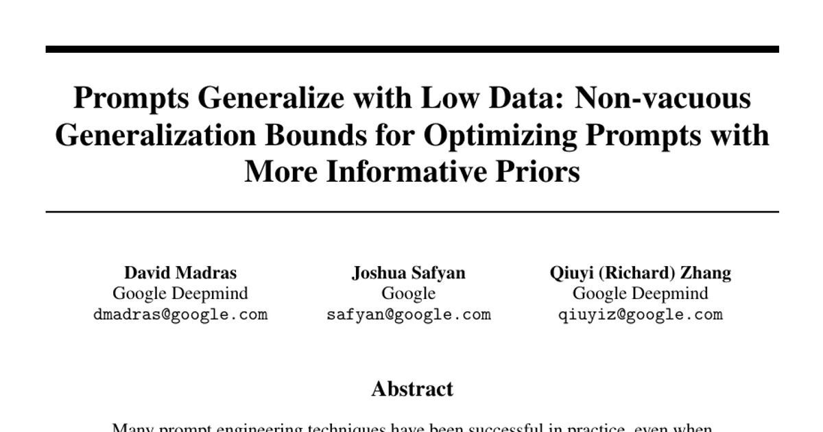 Prompts Generalize with Low Data: Non-vacuous Generalization Bounds for Optimizing Prompts with More Informative Priors