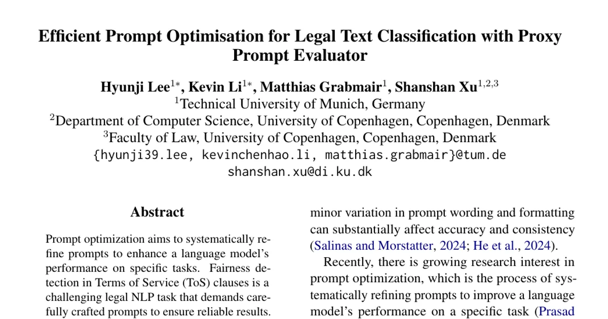 Efficient Prompt Optimisation for Legal Text Classification with Proxy Prompt Evaluator