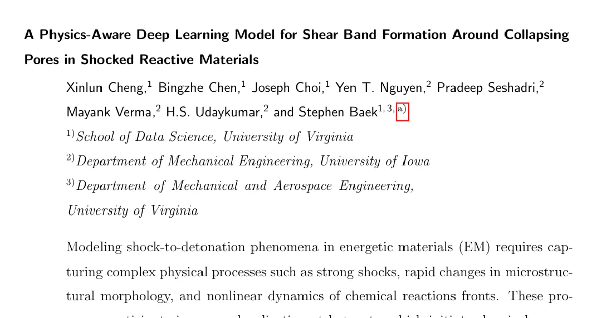A physics-aware deep learning model for shear band formation around collapsing pores in shocked reactive materials
