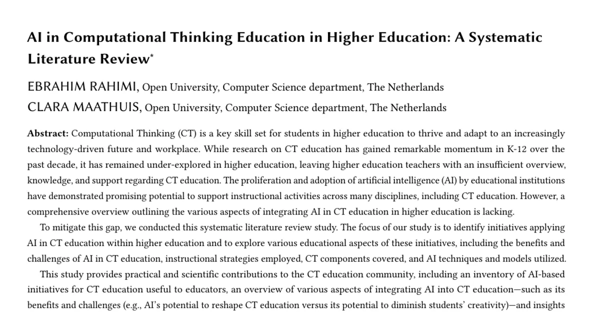 AI in Computational Thinking Education in Higher Education: A Systematic Literature Review