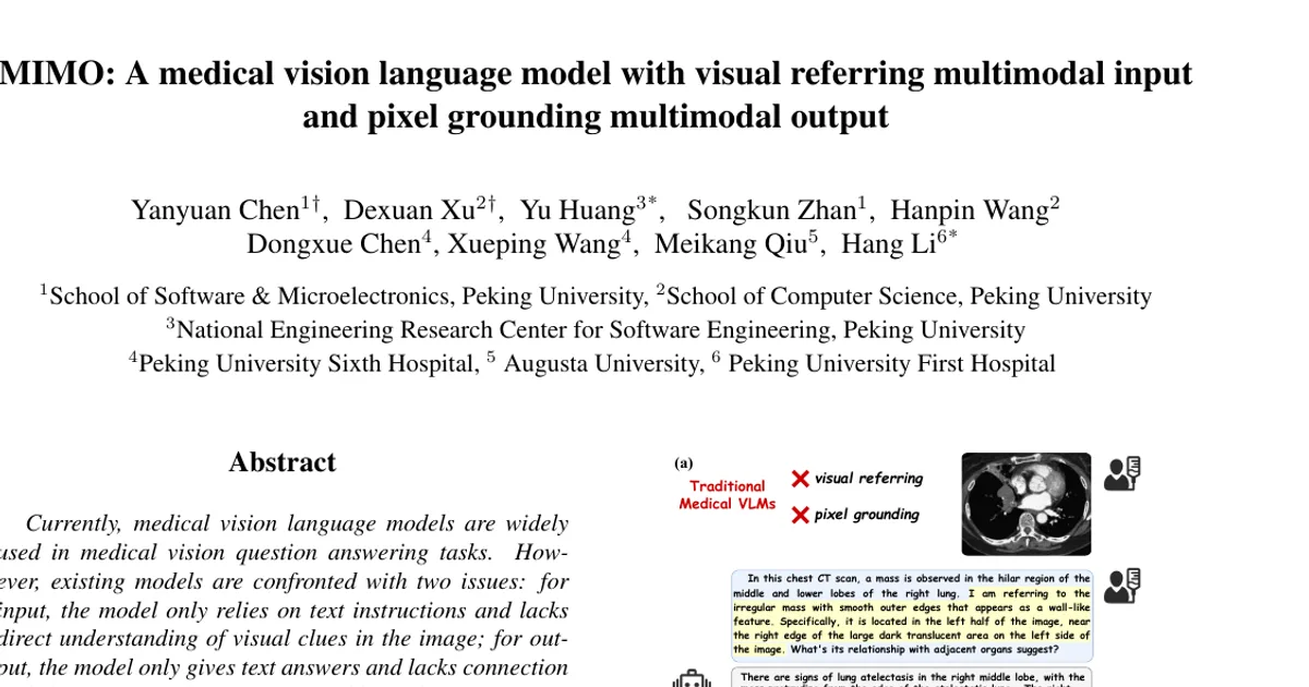 MIMO: A medical vision language model with visual referring multimodal input and pixel grounding multimodal output