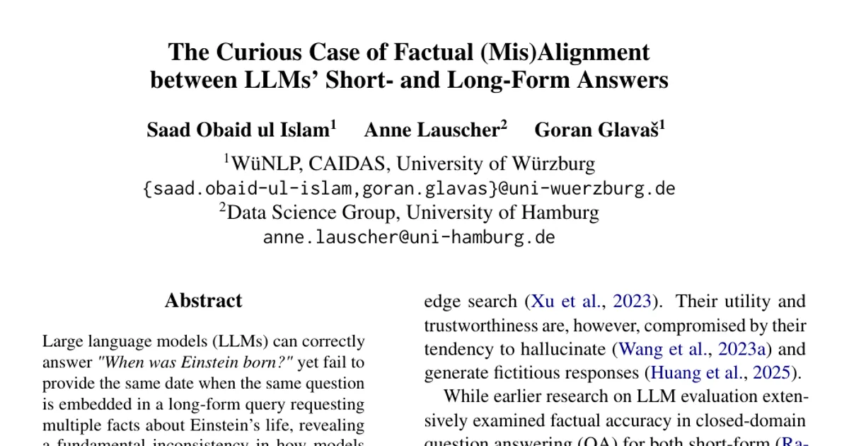 The Curious Case of Factual (Mis)Alignment between LLMs' Short- and Long-Form Answers