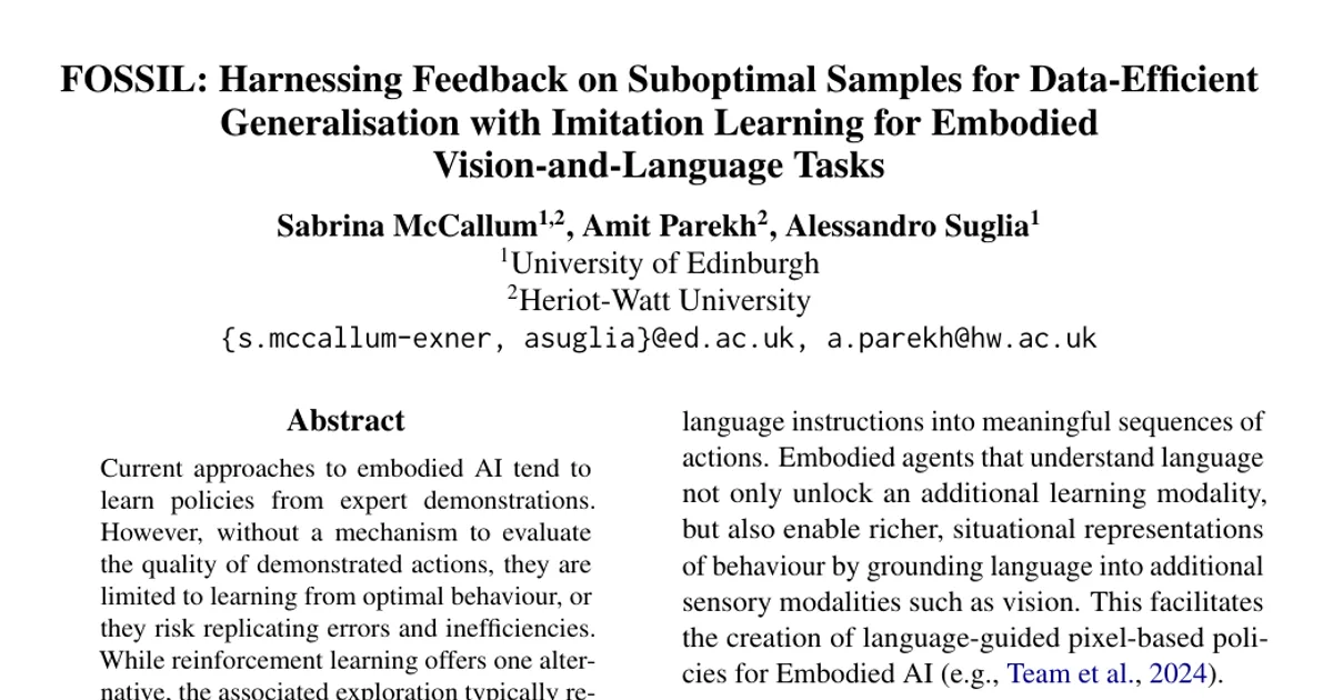 FOSSIL: Harnessing Feedback on Suboptimal Samples for Data-Efficient Generalisation with Imitation Learning for Embodied Vision-and-Language Tasks