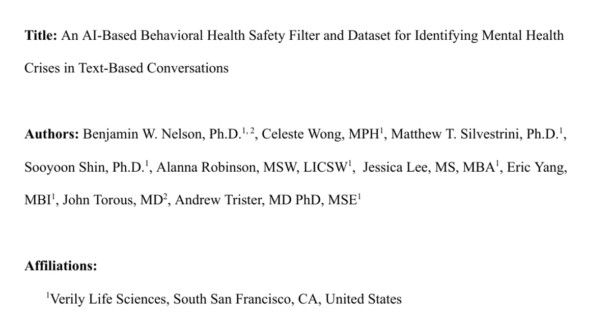 An AI-Based Behavioral Health Safety Filter and Dataset for Identifying Mental Health Crises in Text-Based Conversations