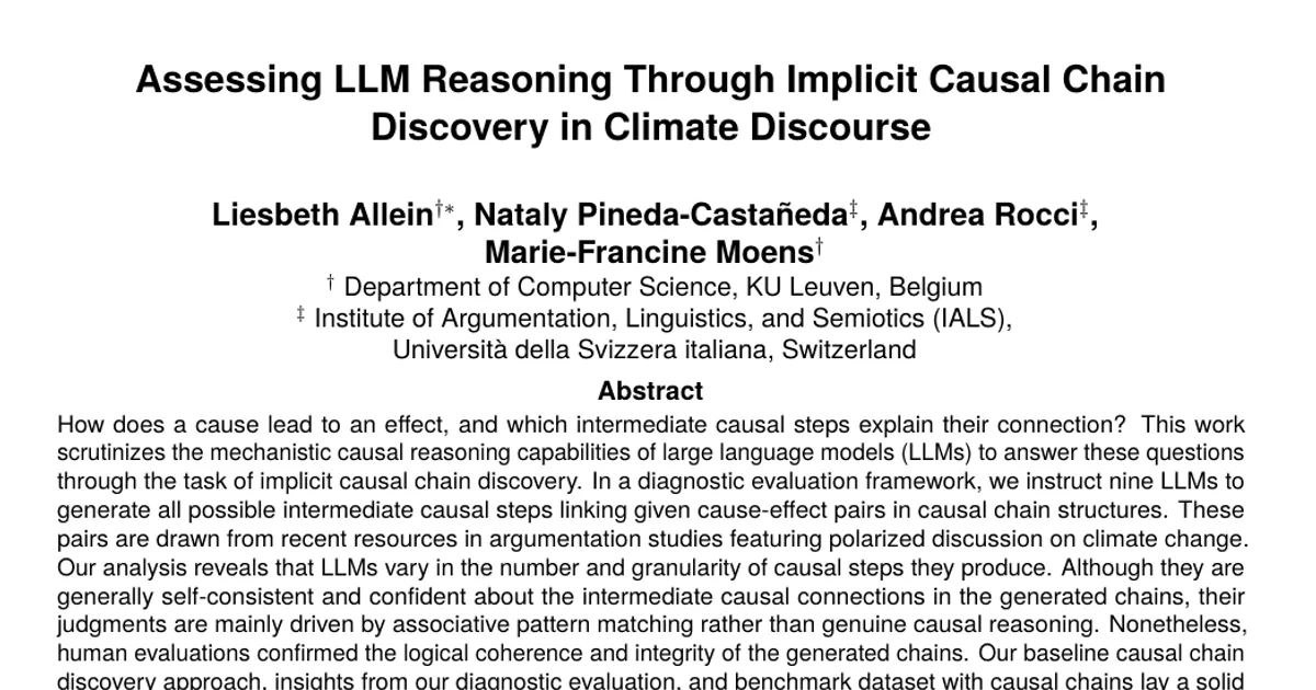 Assessing LLM Reasoning Through Implicit Causal Chain Discovery in Climate Discourse
