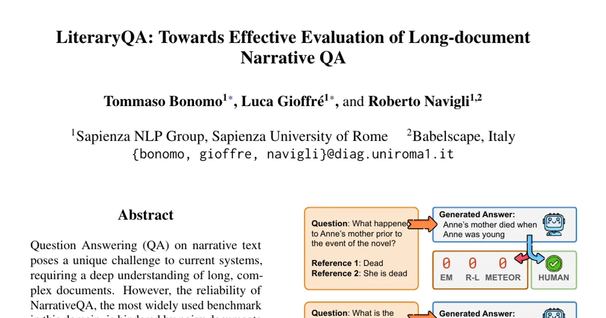 LiteraryQA: Towards Effective Evaluation of Long-document Narrative QA