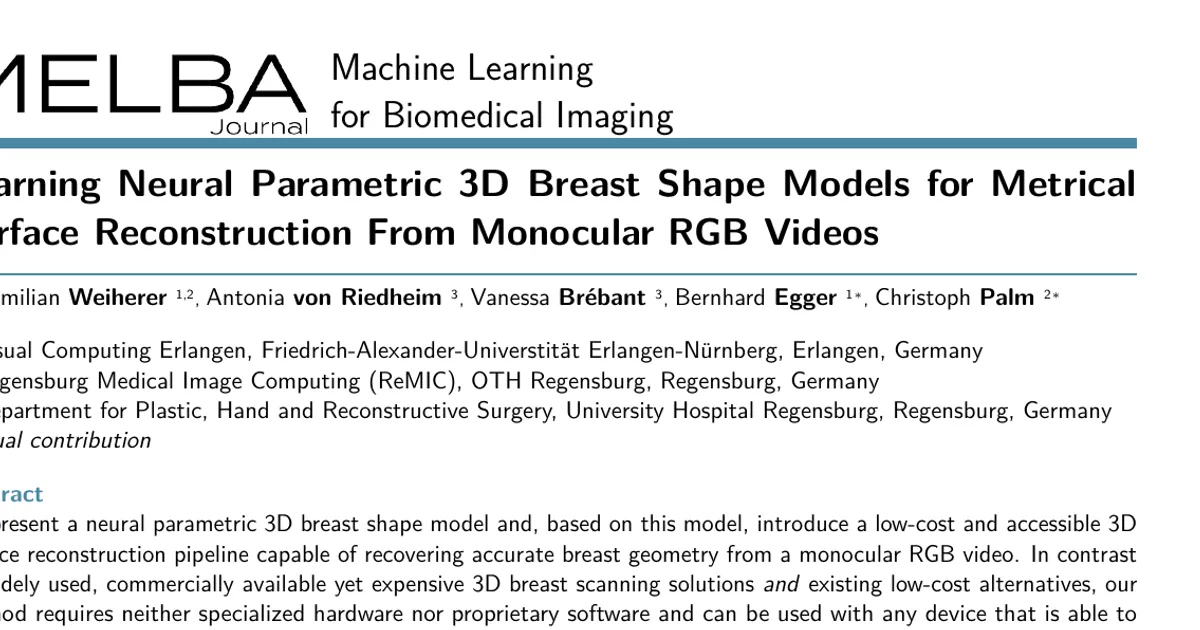 Learning Neural Parametric 3D Breast Shape Models for Metrical Surface Reconstruction From Monocular RGB Videos