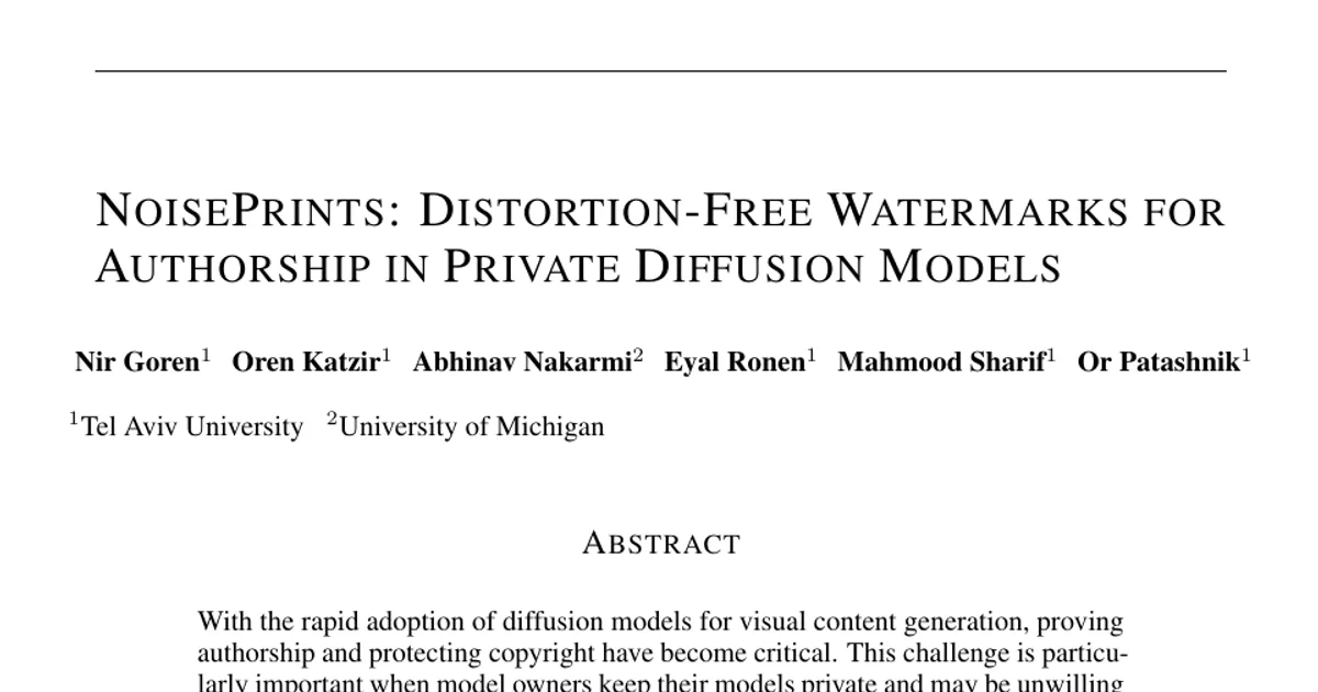 NoisePrints: Distortion-Free Watermarks for Authorship in Private Diffusion Models