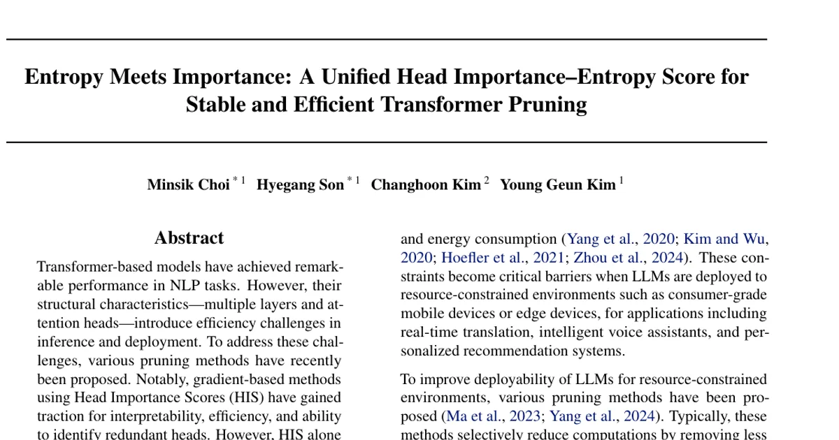 Entropy Meets Importance: A Unified Head Importance-Entropy Score for Stable and Efficient Transformer Pruning