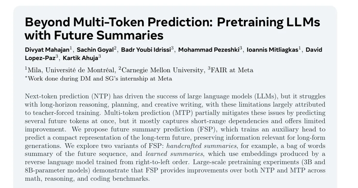 Beyond Multi-Token Prediction: Pretraining LLMs with Future Summaries