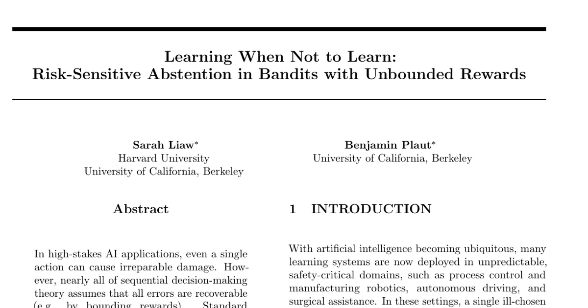 Learning When Not to Learn: Risk-Sensitive Abstention in Bandits with Unbounded Rewards