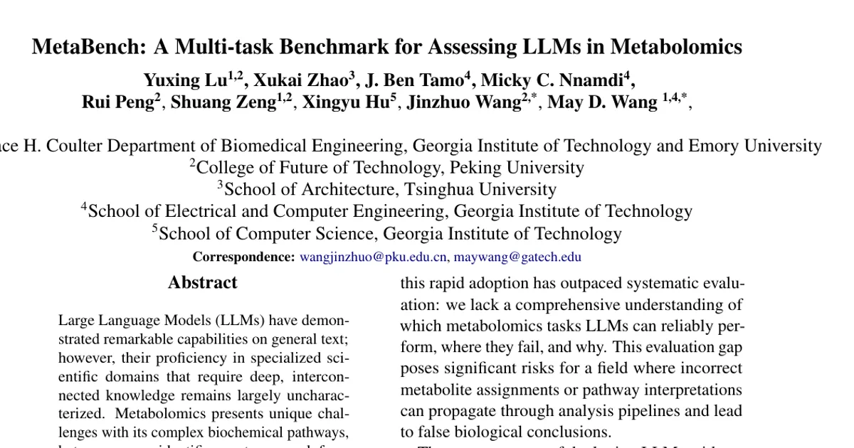 MetaBench: A Multi-task Benchmark for Assessing LLMs in Metabolomics
