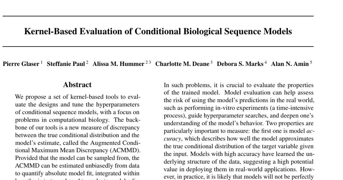 Kernel-Based Evaluation of Conditional Biological Sequence Models