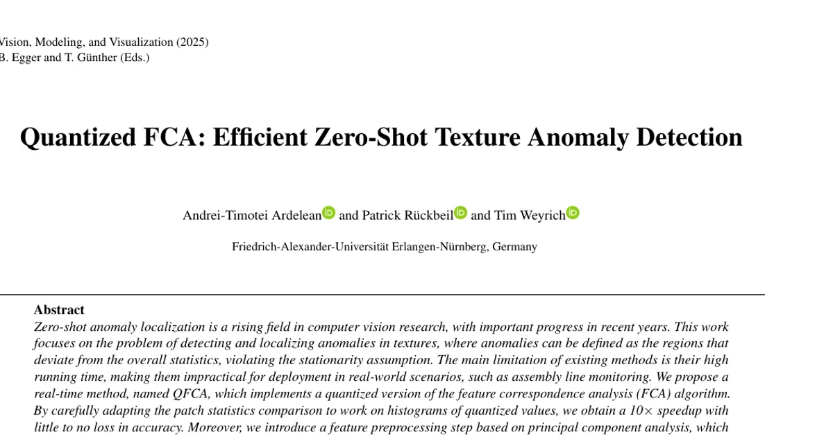 Quantized FCA: Efficient Zero-Shot Texture Anomaly Detection