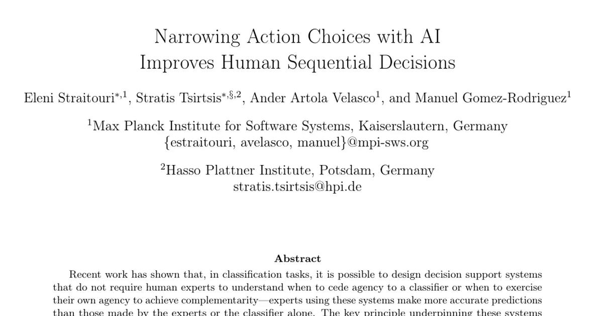 Narrowing Action Choices with AI Improves Human Sequential Decisions