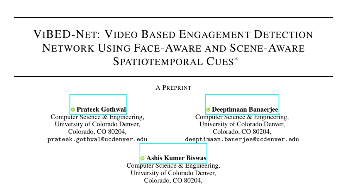 ViBED-Net: Video Based Engagement Detection Network Using Face-Aware and Scene-Aware Spatiotemporal Cues