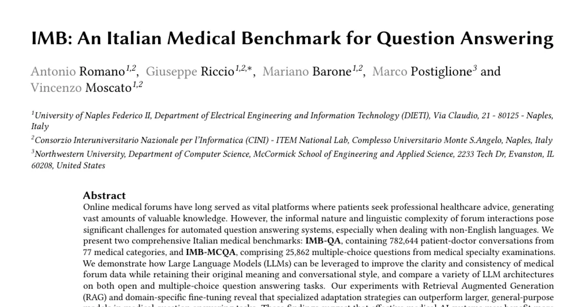 IMB: An Italian Medical Benchmark for Question Answering