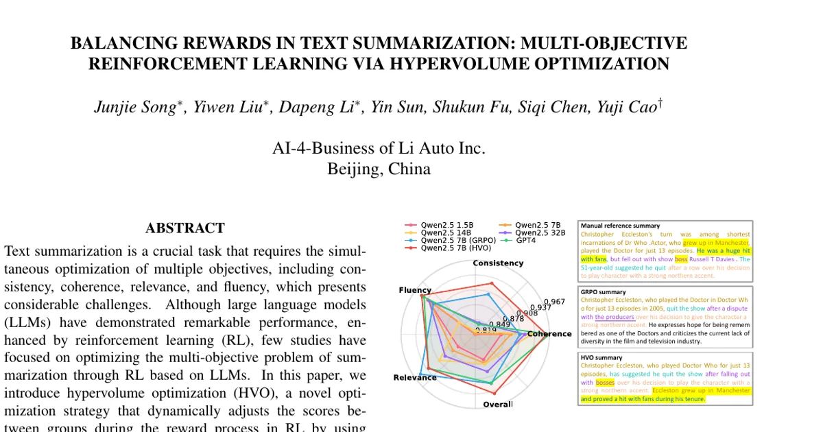 Balancing Rewards in Text Summarization: Multi-Objective Reinforcement Learning via HyperVolume Optimization
