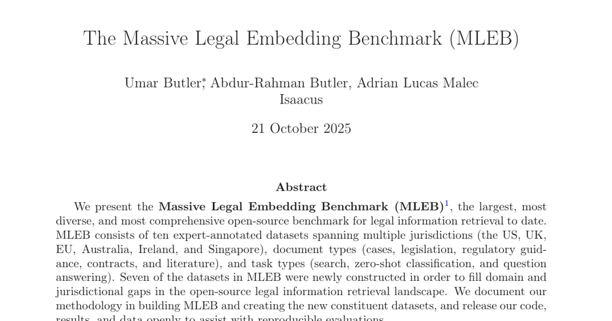 The Massive Legal Embedding Benchmark (MLEB)