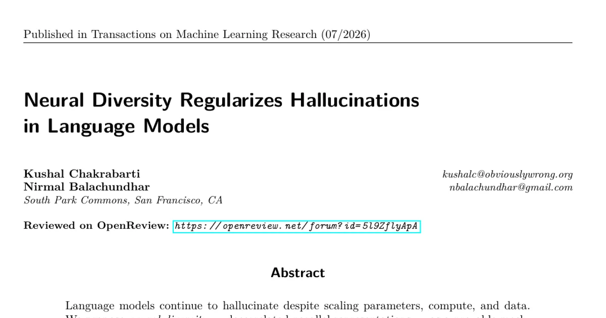 Neural Diversity Regularizes Hallucinations in Language Models
