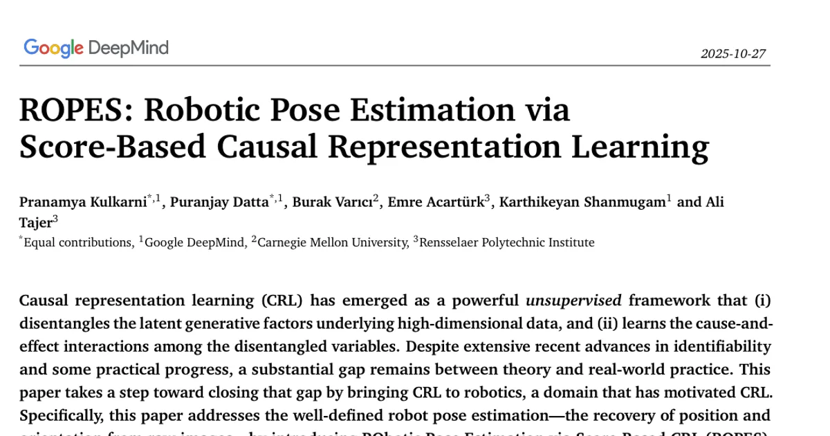 ROPES: Robotic Pose Estimation via Score-Based Causal Representation Learning
