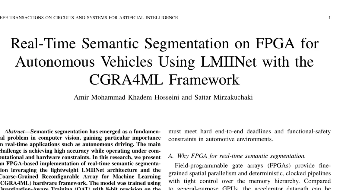 Real-Time Semantic Segmentation on FPGA for Autonomous Vehicles Using LMIINet with the CGRA4ML Framework