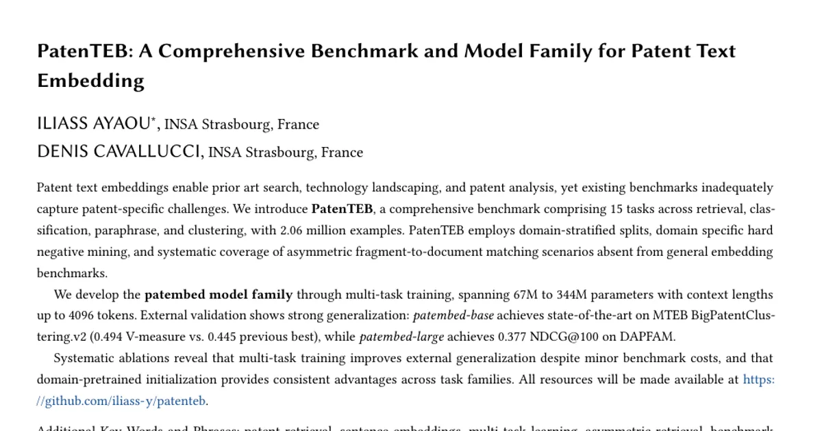 PatenTEB: A Comprehensive Benchmark and Model Family for Patent Text Embedding