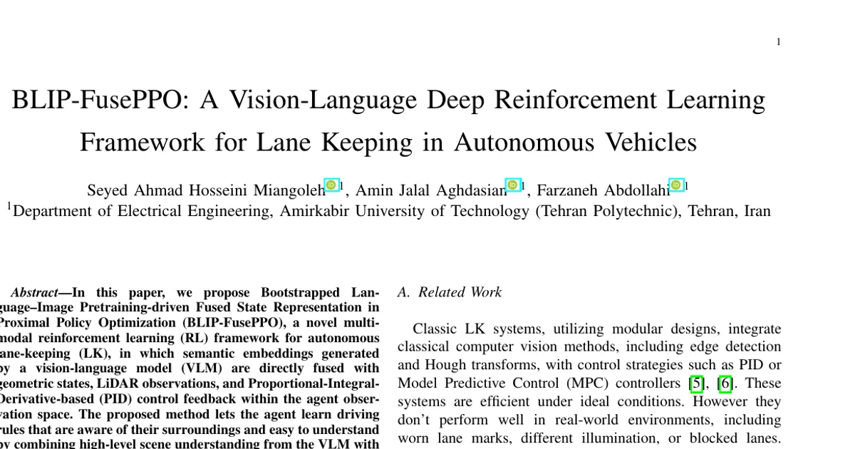 BLIP-FusePPO: A Vision-Language Deep Reinforcement Learning Framework for Lane Keeping in Autonomous Vehicles