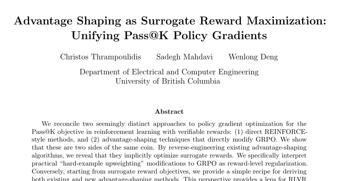 Advantage Shaping as Surrogate Reward Maximization: Unifying Pass@K Policy Gradients