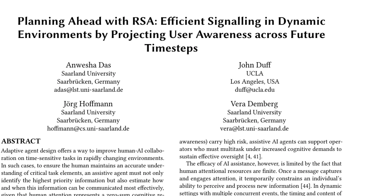 Planning Ahead with RSA: Efficient Signalling in Dynamic Environments by Projecting User Awareness across Future Timesteps
