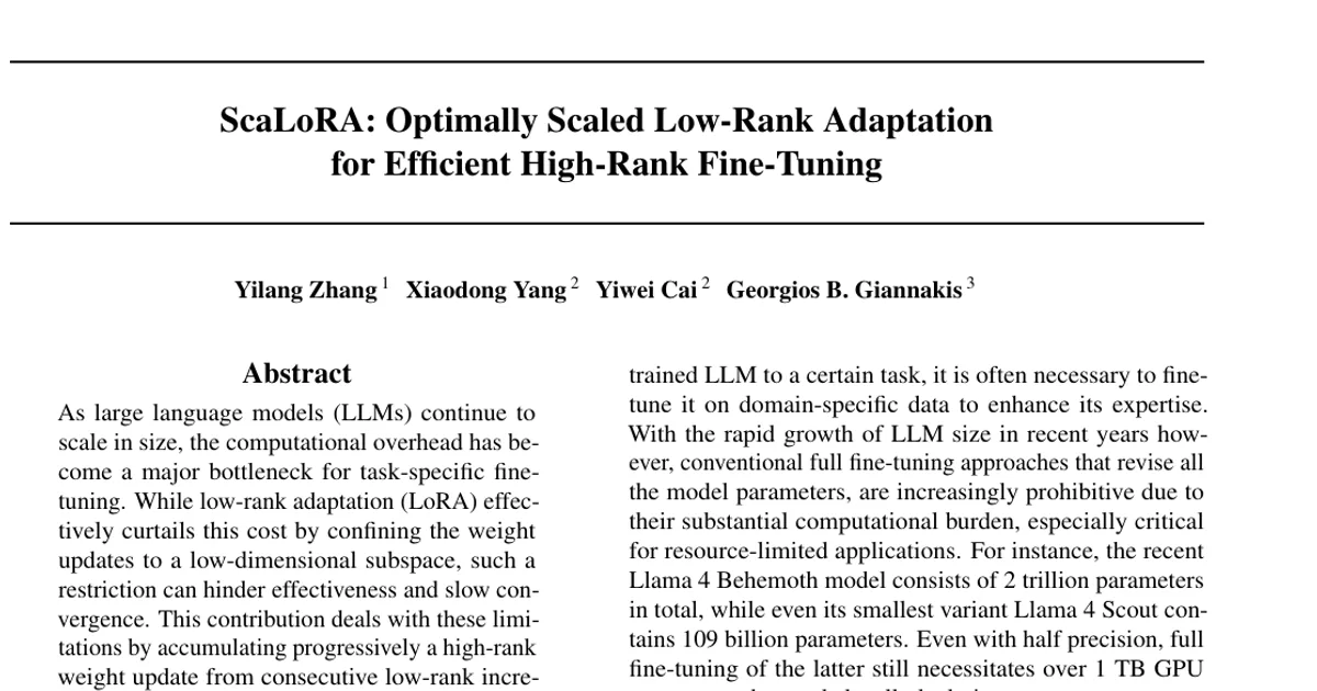 ScaLoRA: Optimally Scaled Low-Rank Adaptation for Efficient High-Rank Fine-Tuning