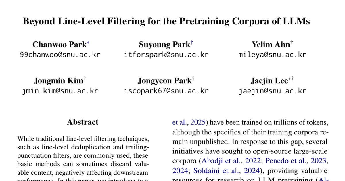 Beyond Line-Level Filtering for the Pretraining Corpora of LLMs