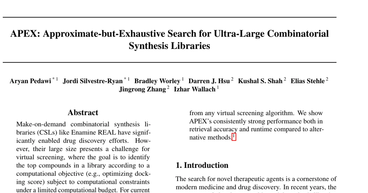APEX: Approximate-but-exhaustive search for ultra-large combinatorial synthesis libraries