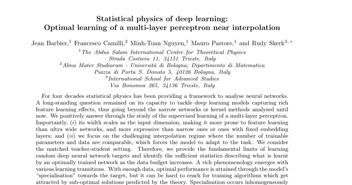Statistical physics of deep learning: Optimal learning of a multi-layer perceptron near interpolation