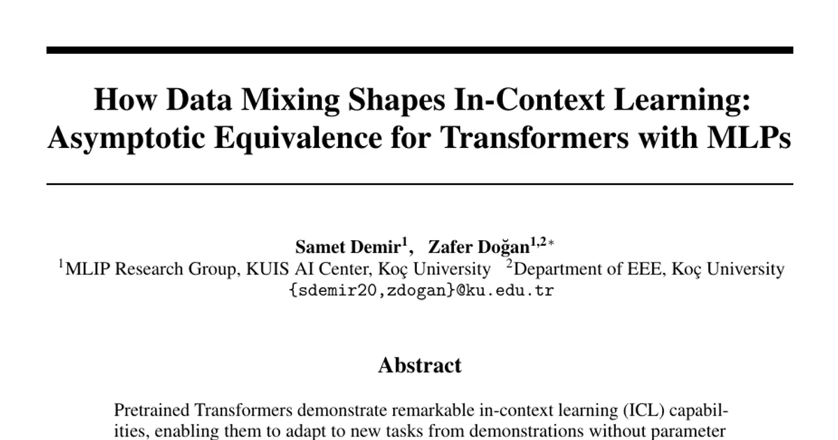 How Data Mixing Shapes In-Context Learning: Asymptotic Equivalence for Transformers with MLPs