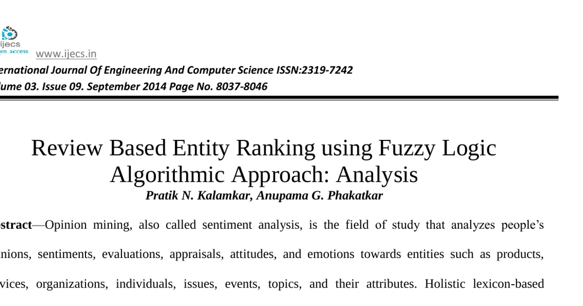 Review Based Entity Ranking using Fuzzy Logic Algorithmic Approach: Analysis