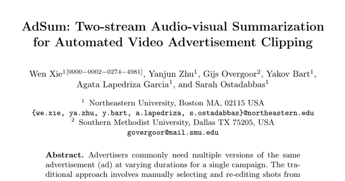 AdSum: Two-stream Audio-visual Summarization for Automated Video Advertisement Clipping