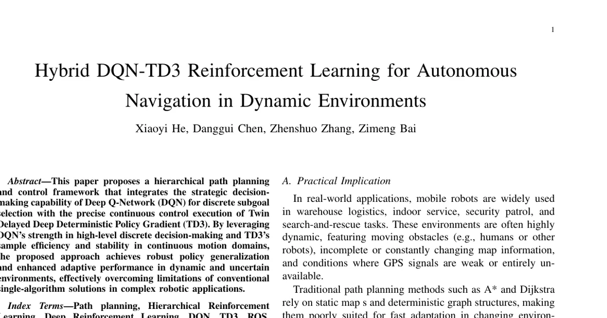 Hybrid DQN-TD3 Reinforcement Learning for Autonomous Navigation in Dynamic Environments