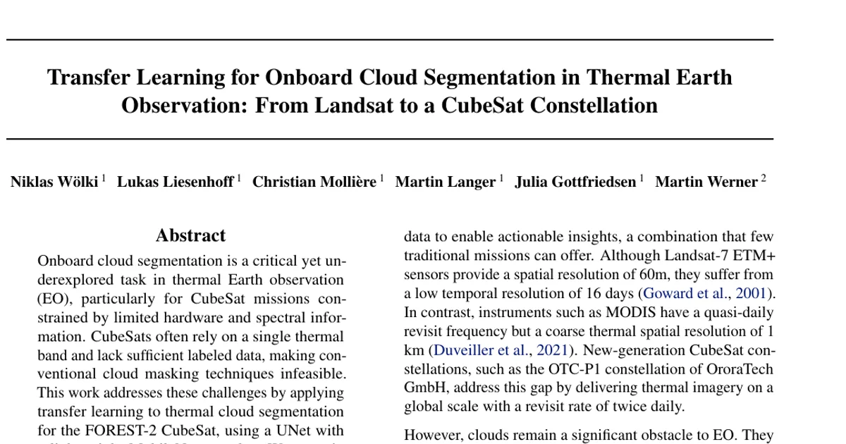 Transfer Learning for Onboard Cloud Segmentation in Thermal Earth Observation: From Landsat to a CubeSat Constellation