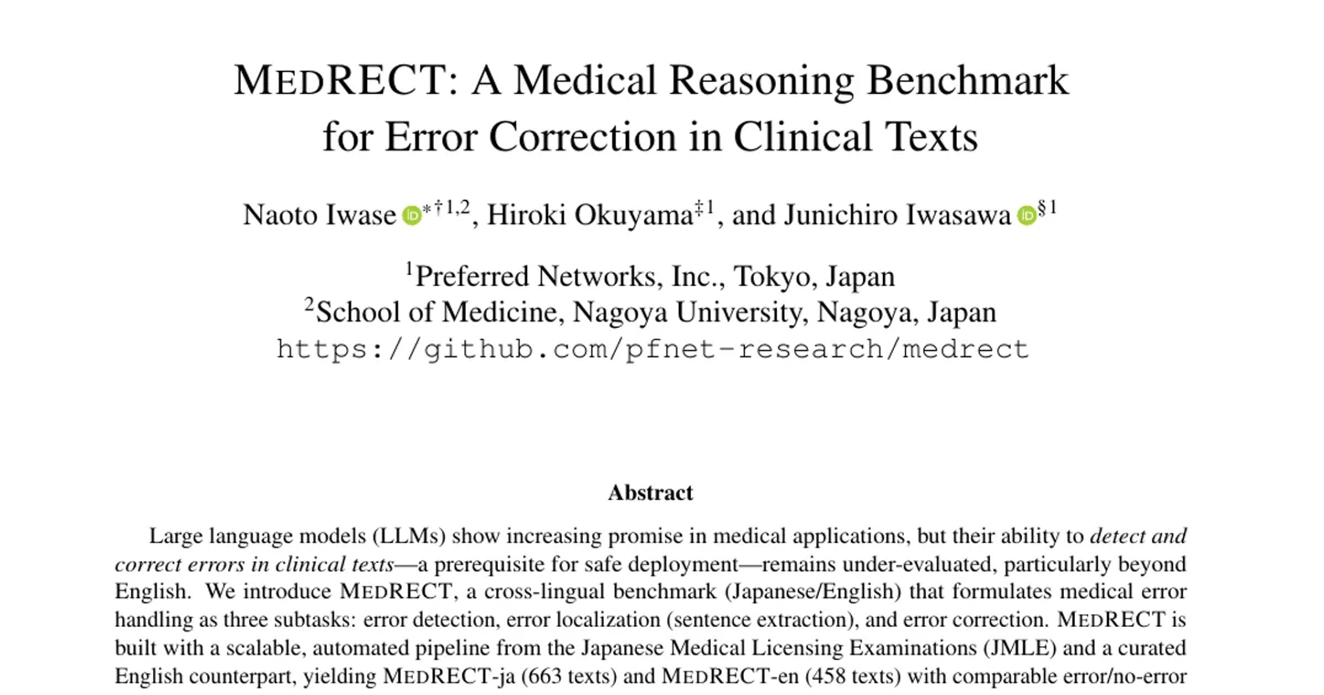 MedRECT: A Medical Reasoning Benchmark for Error Correction in Clinical Texts