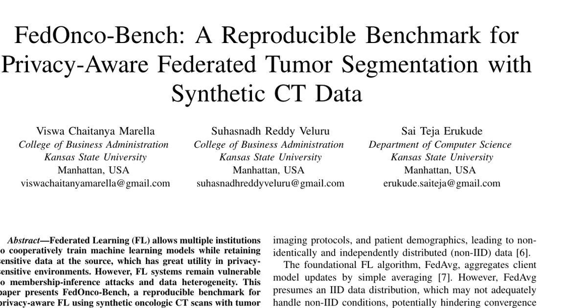 FedOnco-Bench: A Reproducible Benchmark for Privacy-Aware Federated Tumor Segmentation with Synthetic CT Data