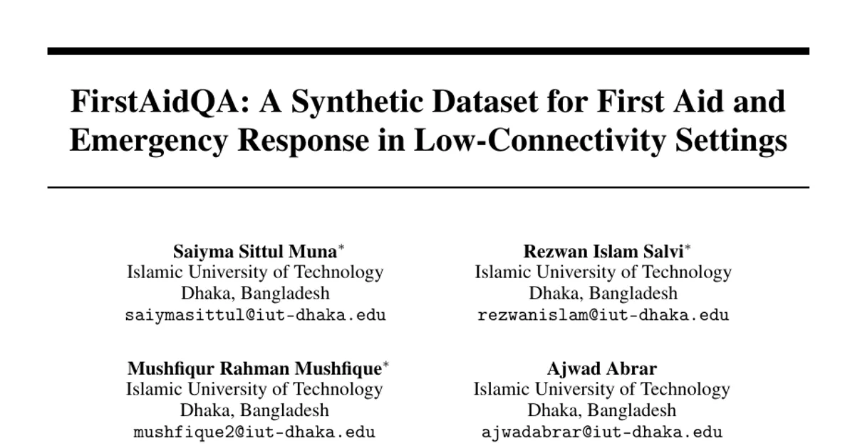 FirstAidQA: A Synthetic Dataset for First Aid and Emergency Response in Low-Connectivity Settings