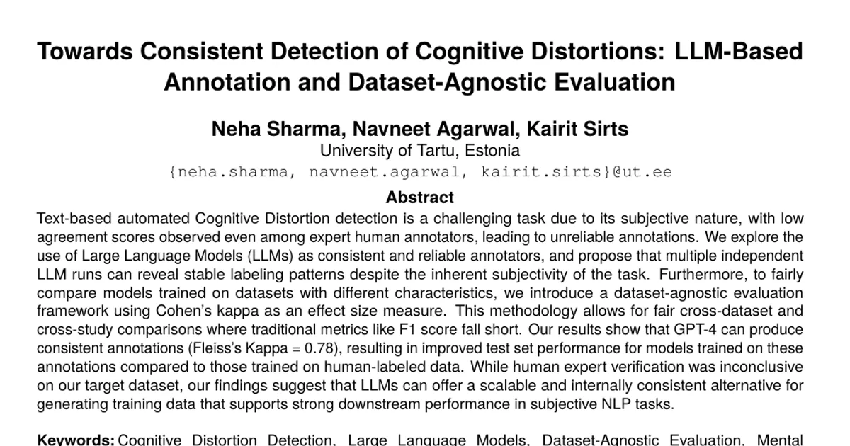 Towards Consistent Detection of Cognitive Distortions: LLM-Based Annotation and Dataset-Agnostic Evaluation