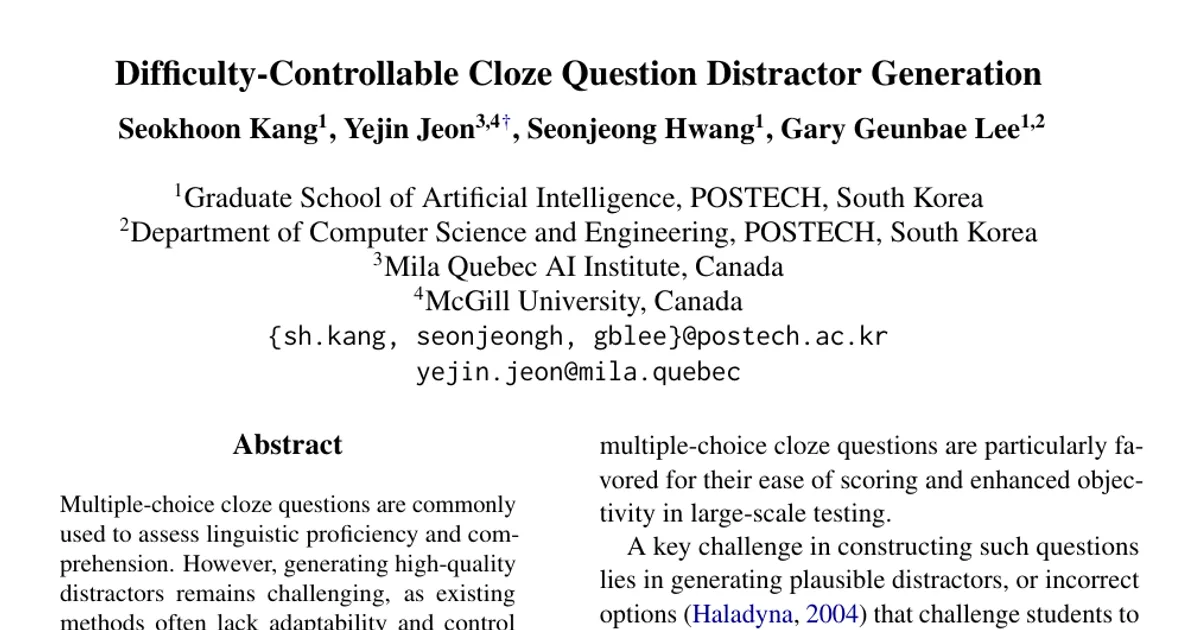 Difficulty-Controllable Cloze Question Distractor Generation
