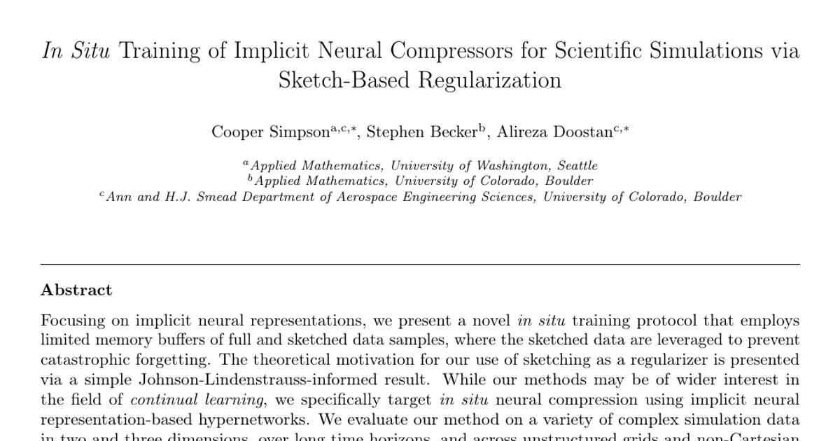 In Situ Training of Implicit Neural Compressors for Scientific Simulations via Sketch-Based Regularization
