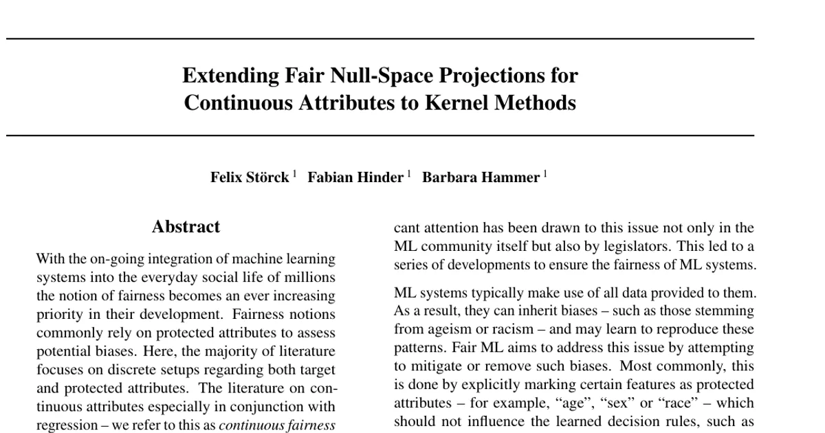 Extending Fair Null-Space Projections for Continuous Attributes to Kernel Methods
