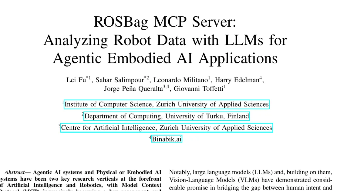 ROSBag MCP Server: Analyzing Robot Data with LLMs for Agentic Embodied AI Applications