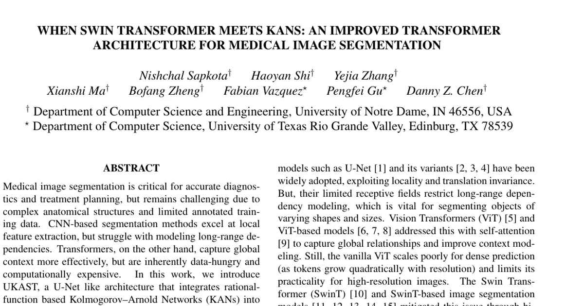 When Swin Transformer Meets KANs: An Improved Transformer Architecture for Medical Image Segmentation